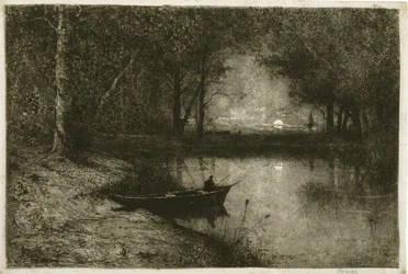 Fisherman in a Rowboat, at the Edge of a River
